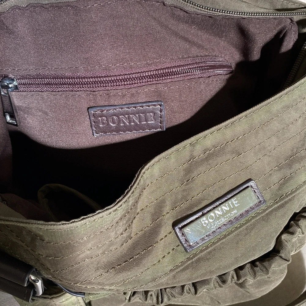 Bonnie Collection Olive Green Large Canvas Bucket Tote Bag w/Brown Leather Trim
